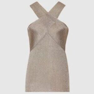 NWOT REISS Imogen Metallic Criss Cross Knit Halter Top Small Pewter
